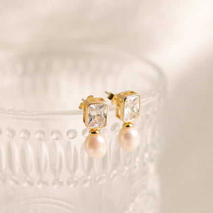 Square Stone With Pearl Earrings