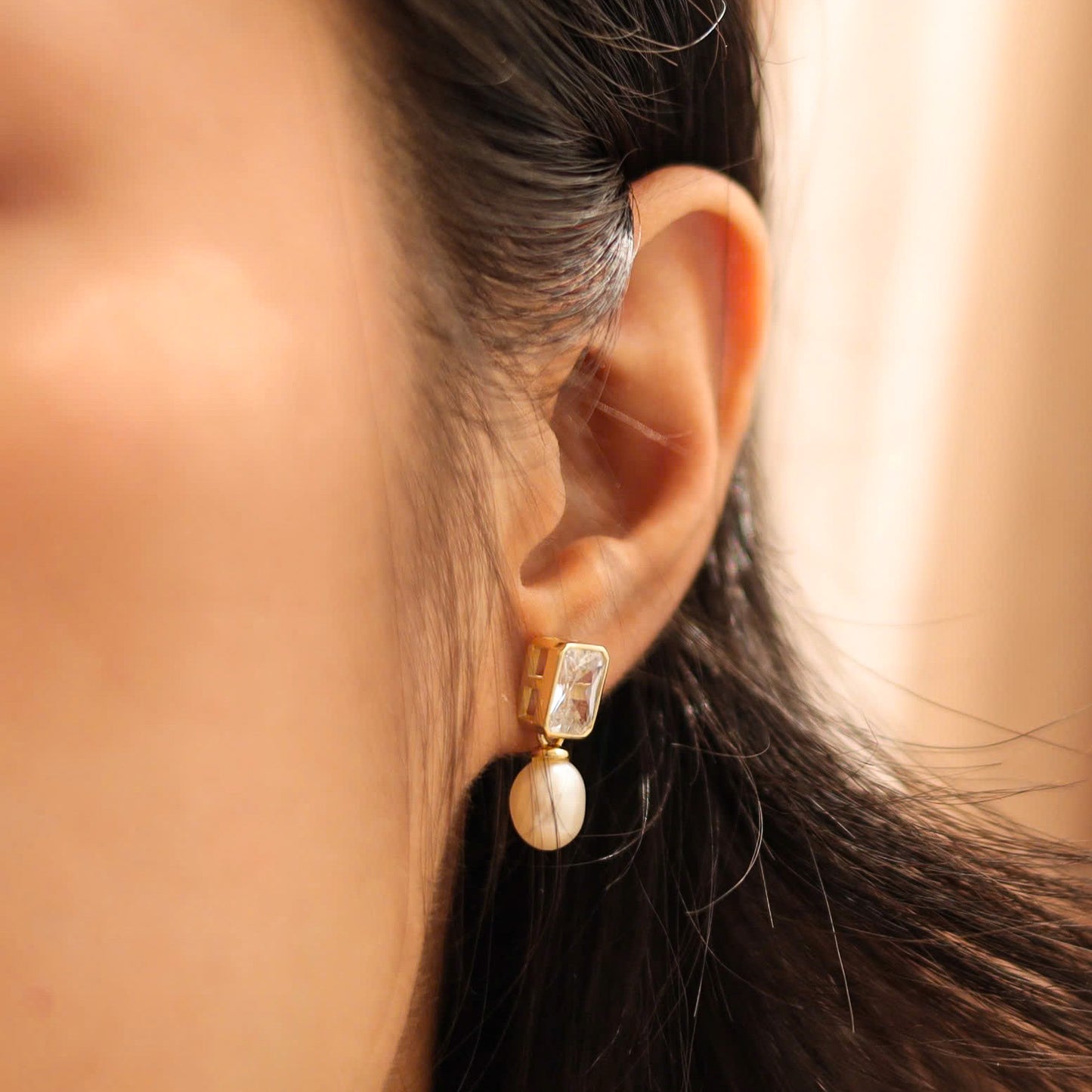 Square Stone With Pearl Earrings