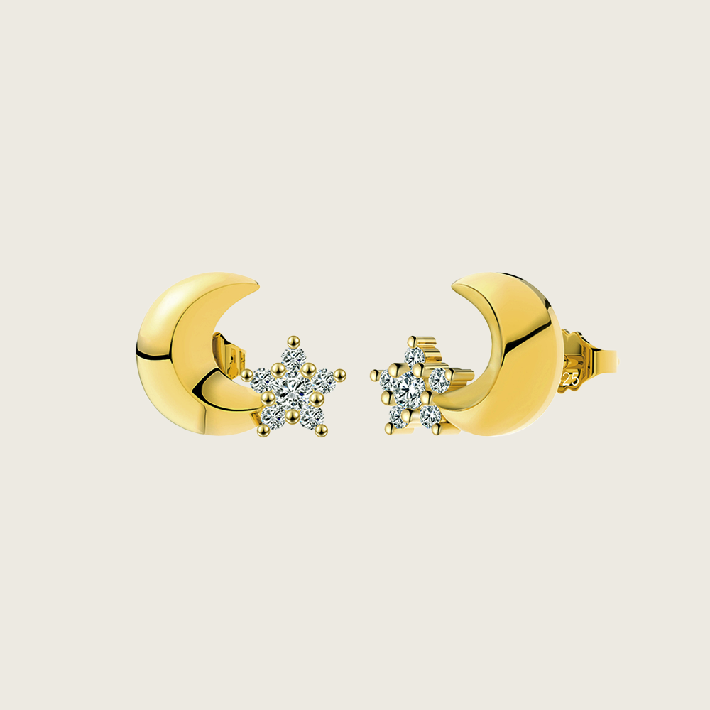 Tiny Moon Star Stud Earrings