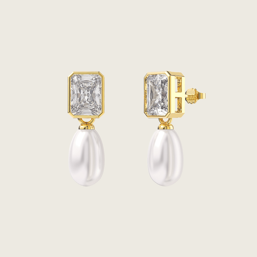 Square Stone With Pearl Earrings