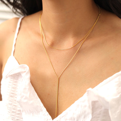 Gold Long Layered Silver Y Shaped Necklace