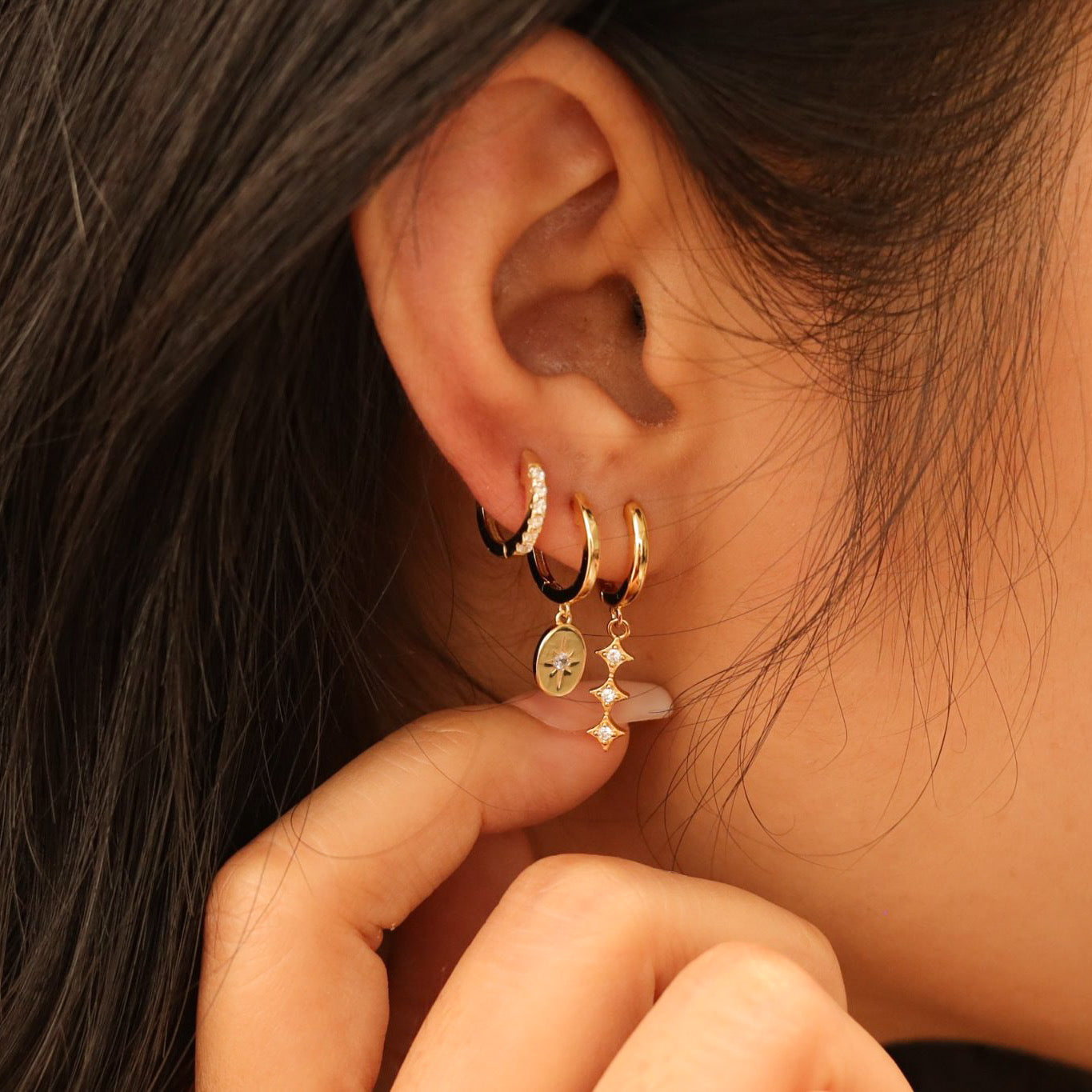 Triple Star Huggie Earrings